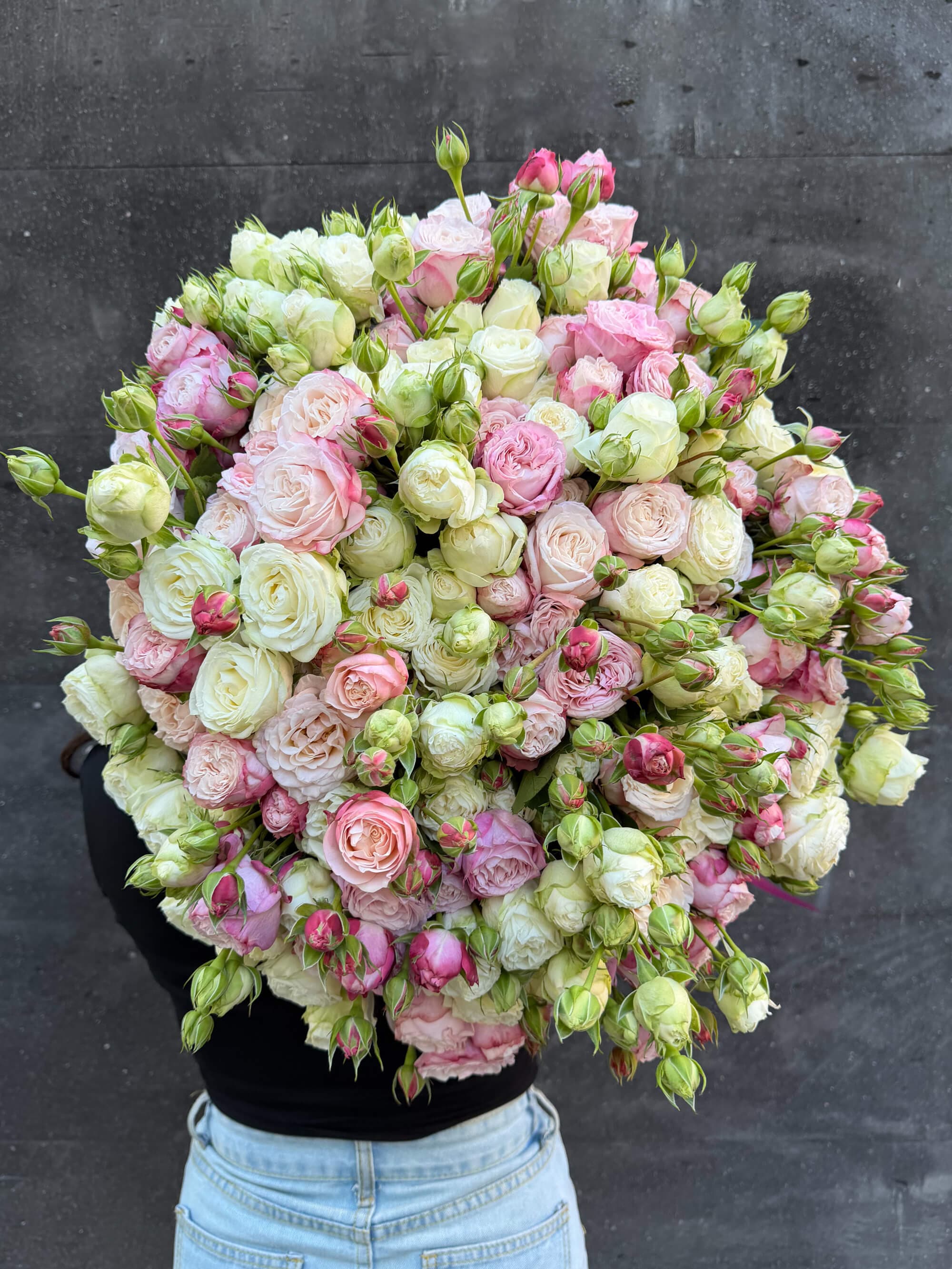 Pink and white spray roses, a large and beautiful bouquet